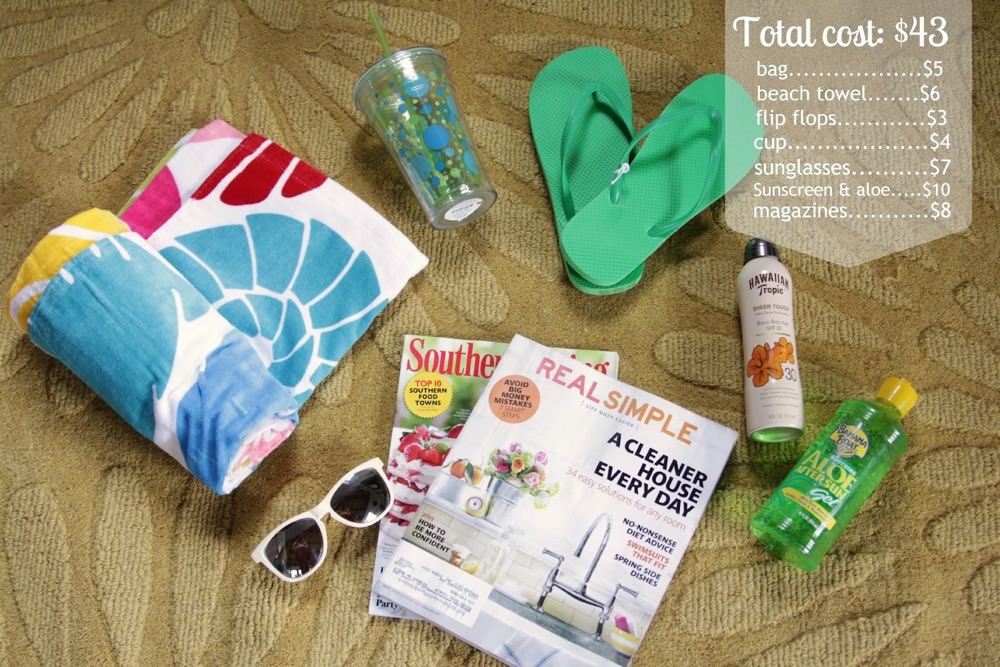 magazines, sunglasses, towel & flip flops